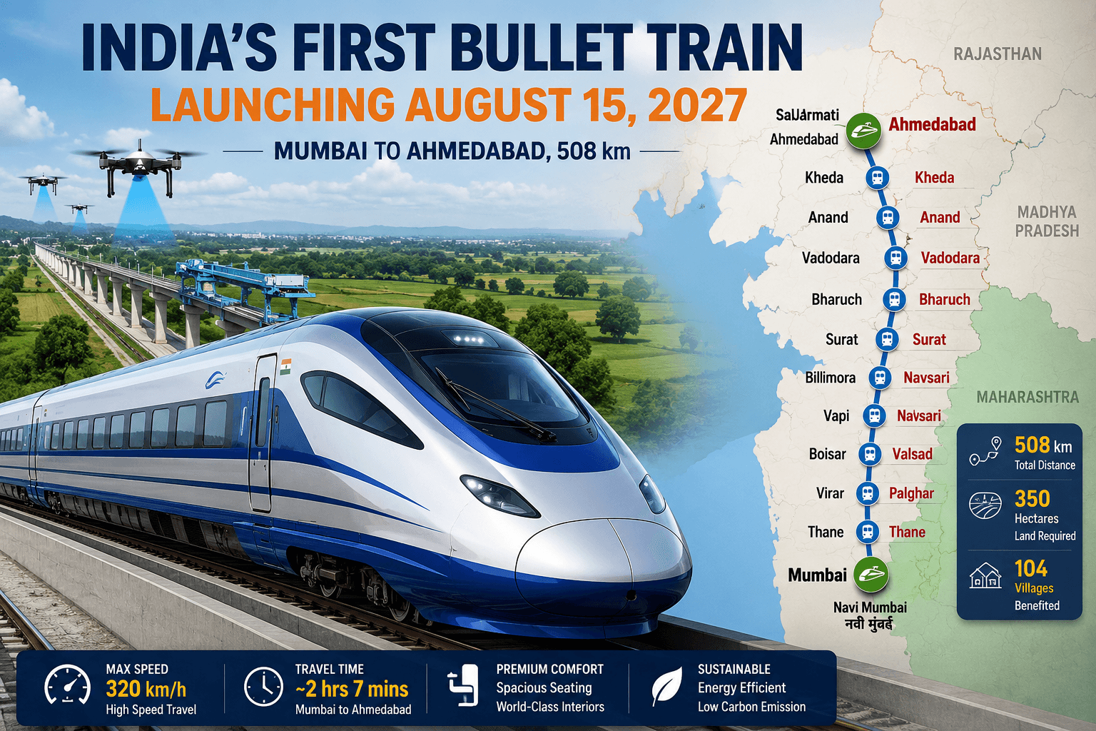 Route and Stations ON fIRST iNDIAN BULLET TRAIN IN 2027